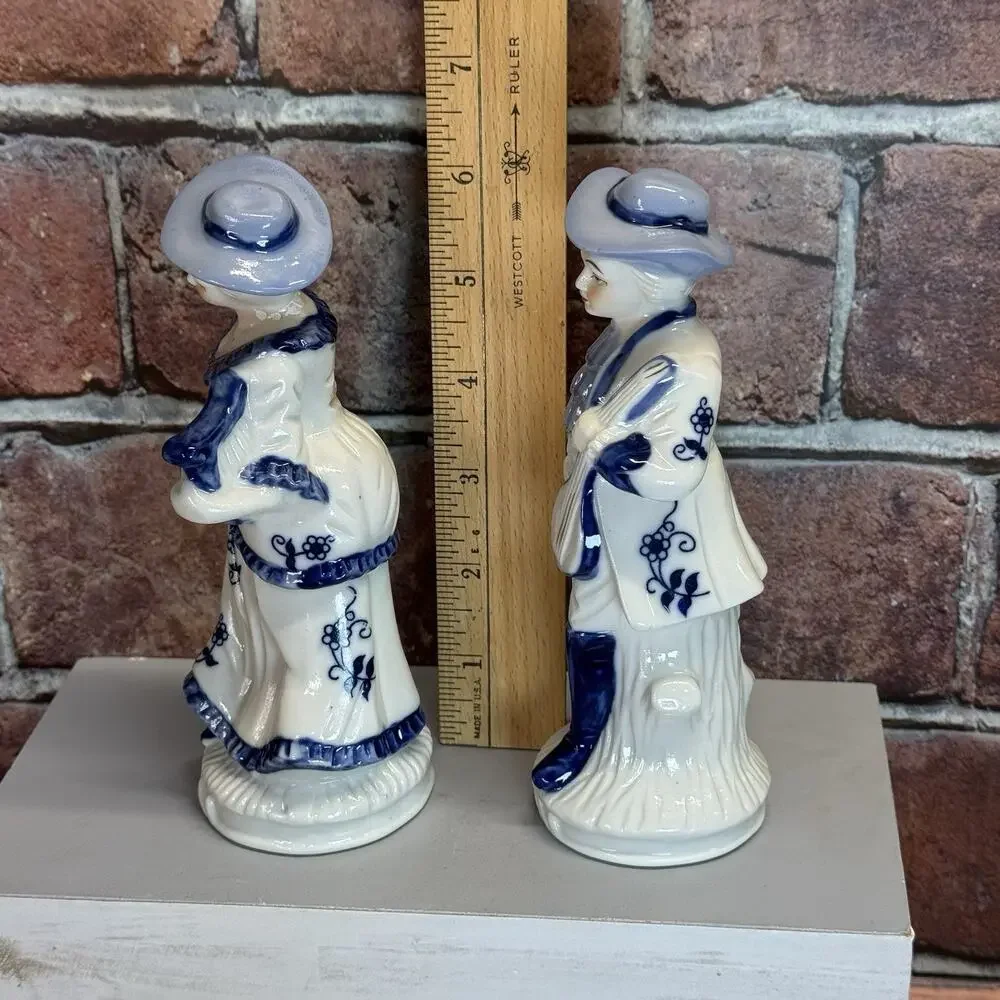 Vtg Pair Europa Bomboniere Blue White‎ Lady w Harp / Man w Mandolin Figurines